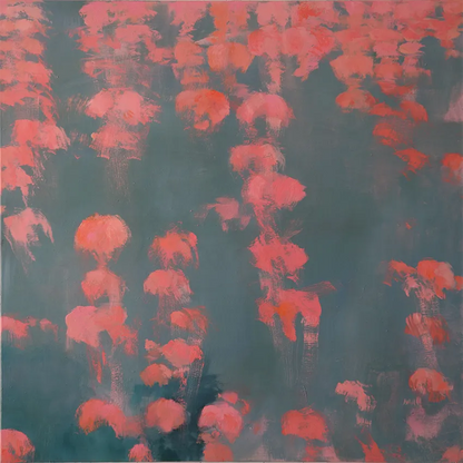 Acrylgemälde, 120 x 120 cm, Kleine rote Quallen im Wasser schwebend, grau und dunkelrosa, Marion Schmidtke, Kunst-Direkt.de