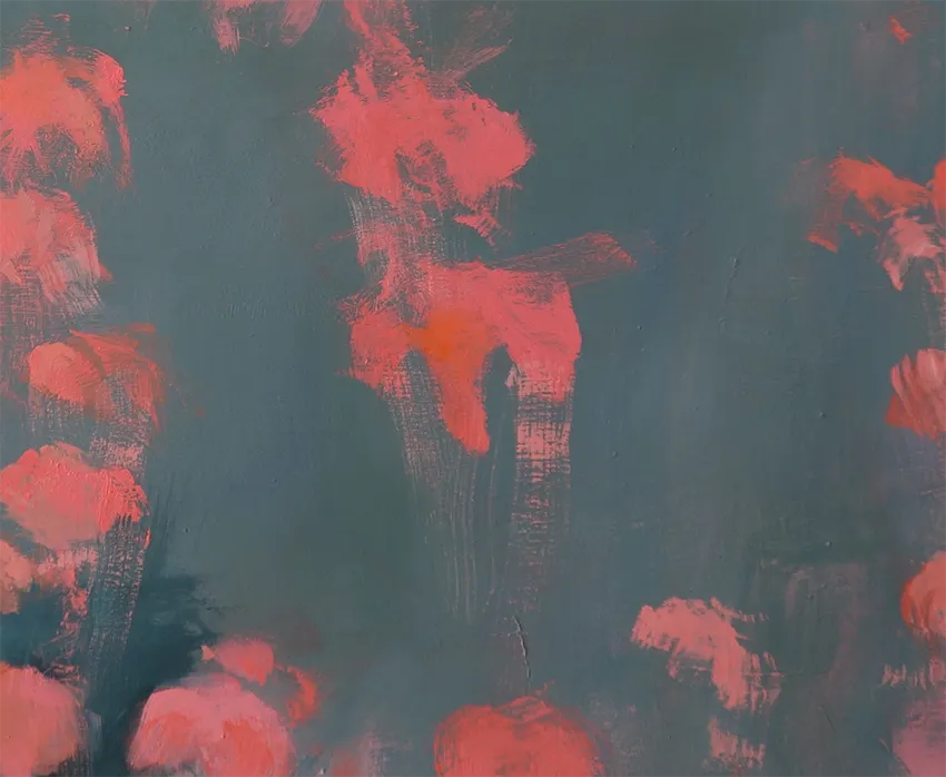 Acrylgemälde, 120 x 120 cm, Kleine rote Quallen im Wasser schwebend, grau und dunkelrosa, detailansicht, Marion Schmidtke, Kunst-Direkt.de