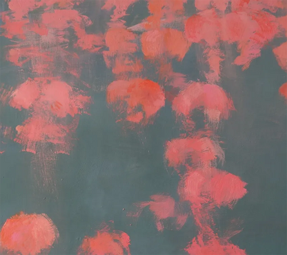 Acrylgemälde, 120 x 120 cm, Kleine rote Quallen im Wasser schwebend, grau und dunkelrosa, detailansicht, Marion Schmidtke, Kunst-Direkt.de