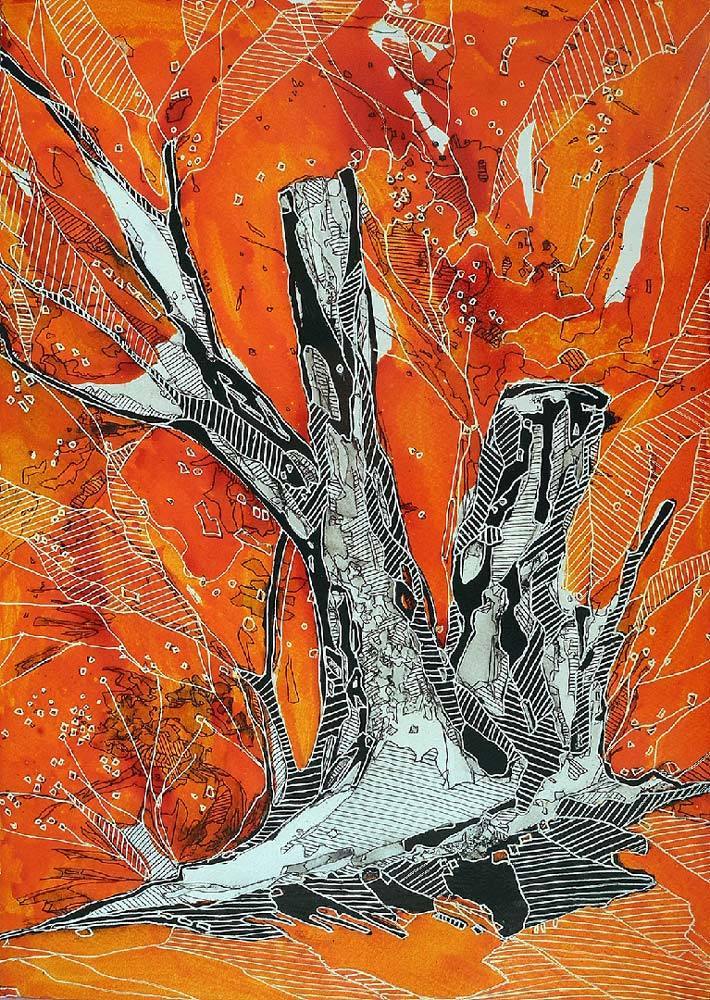 Abstrakter Baum in orangener Farbe, gezeichnet