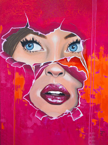 ein Portrait schaut durch gerissenes Papier, gemalt, rot und orange