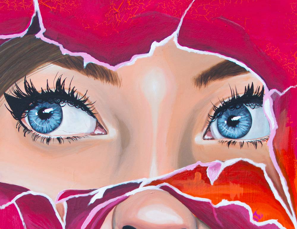 ein Portrait schaut durch gerissenes Papier, gemalt, rot und orange, detail des Portraits