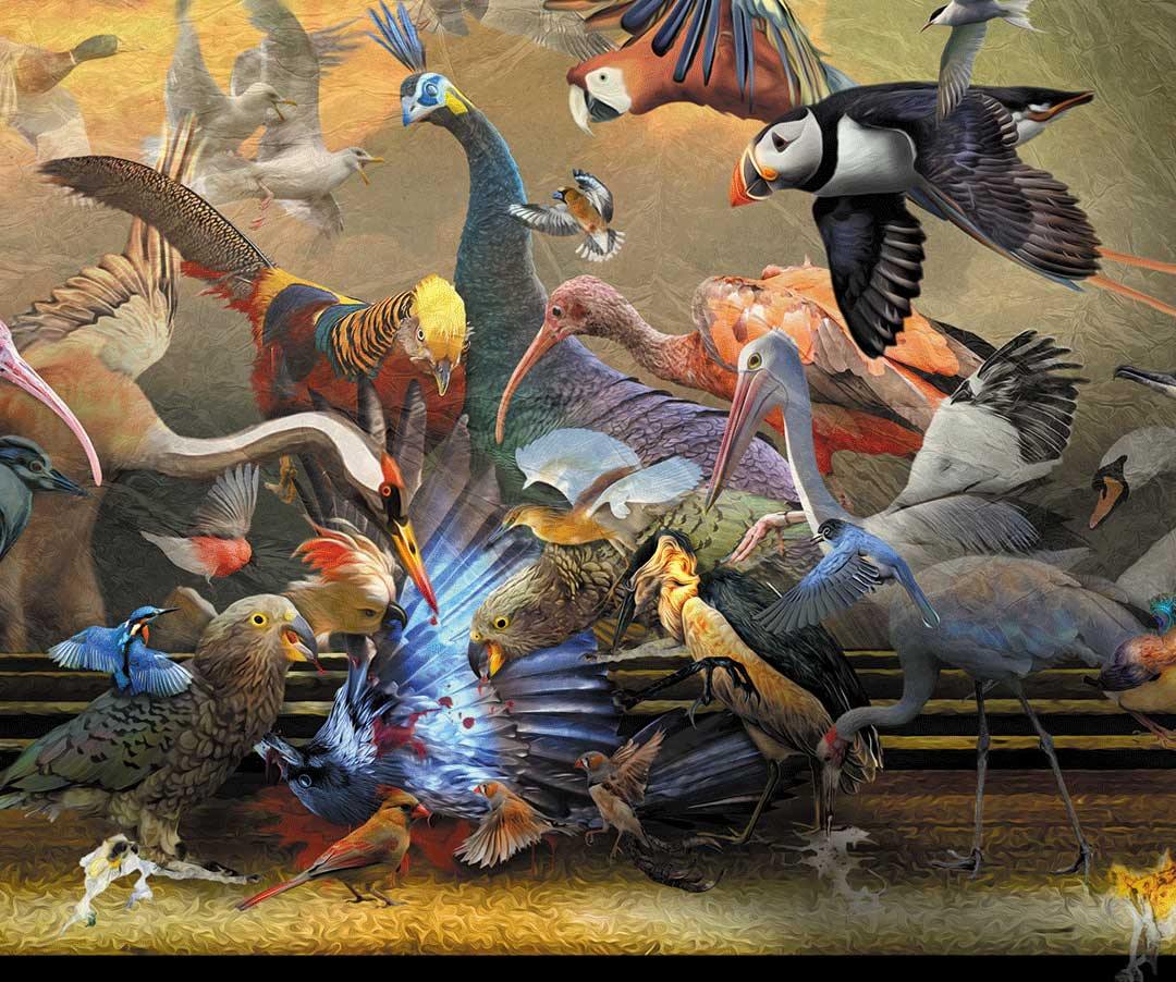 fineart Print, viele Phantasievolle Vögel, sitzend und fliegend, Wolken, Goldener Rahmen,  185 x 125 cm, Gero Paul, Kunst-Direkt.de, details vögel