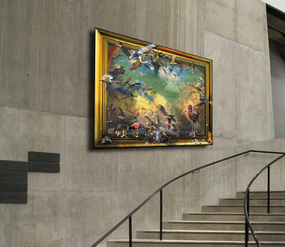 fineart Print, viele Phantasievolle Vögel, sitzend und fliegend, Wolken, Goldener Rahmen,  185 x 125 cm, Gero Paul, Kunst-Direkt.de, an wand hängen