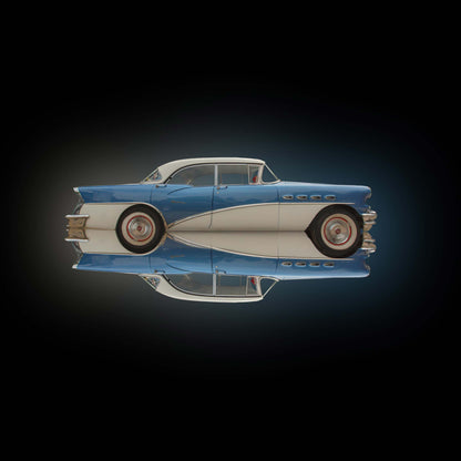 US Classic Car Buick Century, Farbe blau beige, Format Quadrat, gespiegelt vor scharzem Hintergrund, nach rechts fahrend