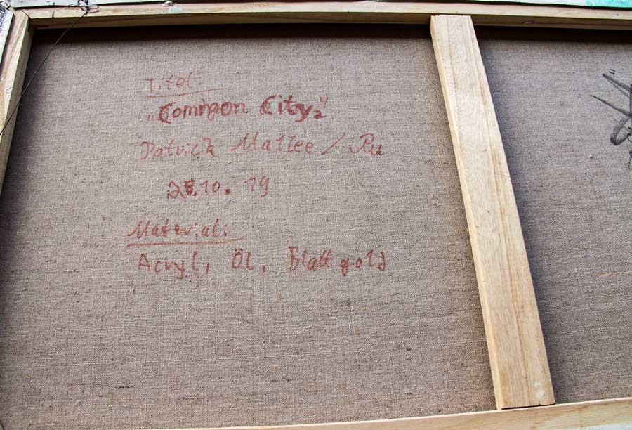 Common City II - Abstrakte Stadtansicht -Acrylgemälde auf Leinwand, hochformat, Details Rüclseite