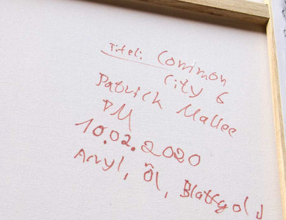 Common City 6 - Abstrakte Stadtansicht - Kunstdruck auf Leinwand, rückseite signatur