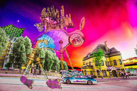 Digitales farbiges Werk, ein Phantasiewesen läuft durch Hamburg, roter Himmel, digital verfremdet, Claudia Tejeda, 120x80cm, Kunst-Direkt.de