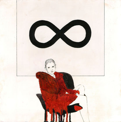 Zeichnung einer Frau in einem Sessel vor dem Bild einer gekippten 8, 40x40cm, Sherin P. Spielmann, Kunst-Direkt.de