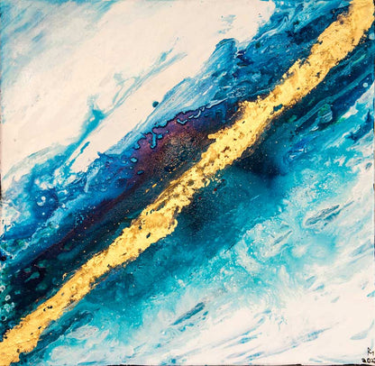 Goldener Fluss 1 - Abstrakte Kunst in Gold - Acrylgemöälde auf Leinwand