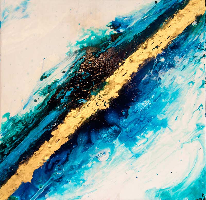 Goldener Fluss 2 - Abstrakte Kunst in Gold - Kunstdruck auf Leinwand