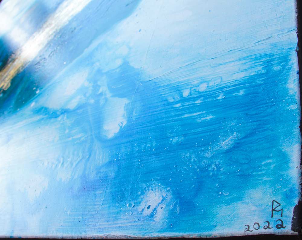 Goldener Fluss 3 - Abstrakte Kunst in Gold - Kunstdruck auf Leinwand, detail signatur