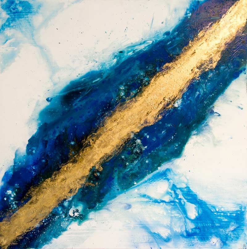 Goldener Fluss 3 - Abstrakte Kunst in Gold - Kunstdruck auf Leinwand