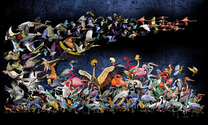 gemalte Kraniche und Reiher fliegen in einer eleganten Wolke davon, querformat, farbig