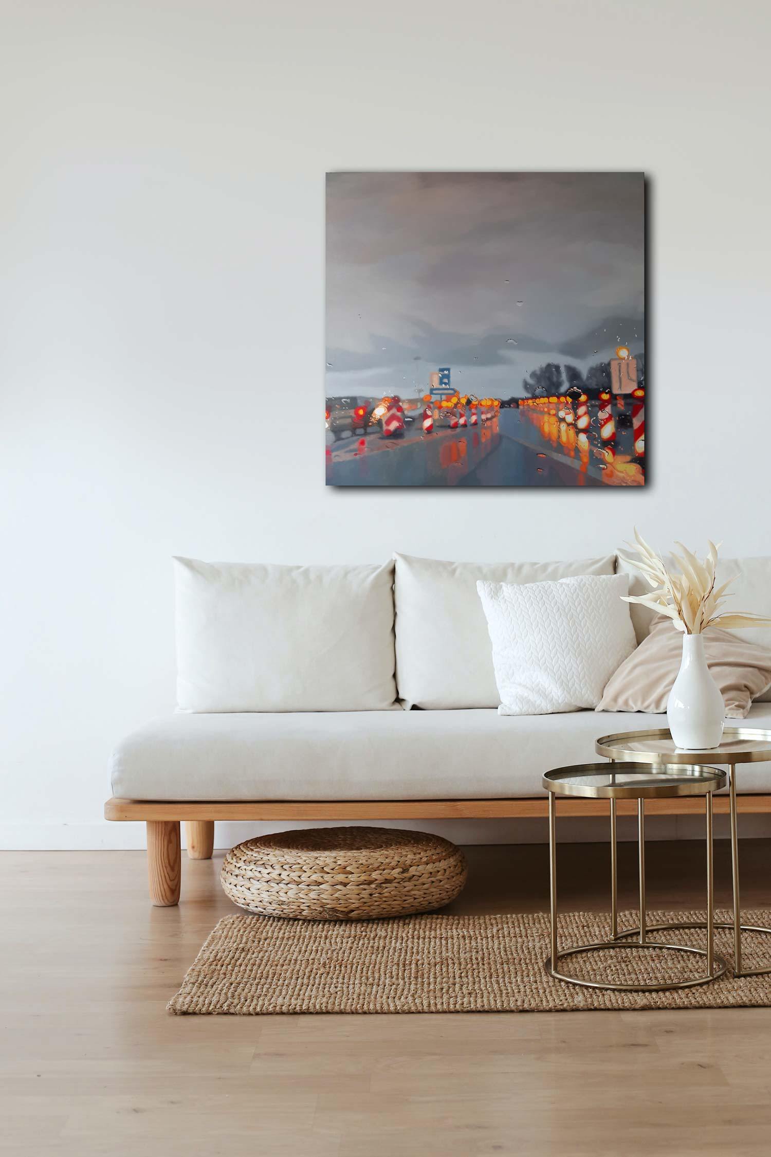 Ölgemälde, Autobahn im Regen, Hamburg Stellingen, Ulla Kutter, 100 x 100 cm, Kunst-Direkt.de, an wand hängend