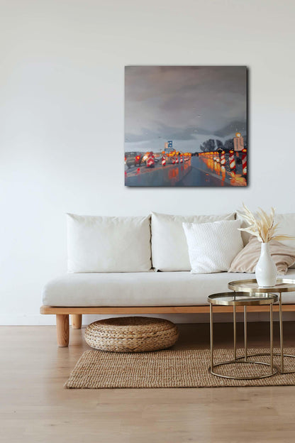 Ölgemälde, Autobahn im Regen, Hamburg Stellingen, Ulla Kutter, 100 x 100 cm, Kunst-Direkt.de, an wand hängend