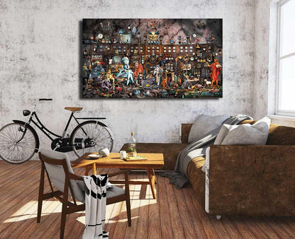 Viele verschiedene Figuren im stil eines Wimmelbildes vor einer großen Tafel mit vielen Schaltern, 225x128cm, Gero Paul, Kunst-DIrekt.de, hängend