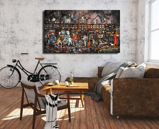 Viele verschiedene Figuren im stil eines Wimmelbildes vor einer großen Tafel mit vielen Schaltern, 225x128cm, Gero Paul, Kunst-DIrekt.de, hängend