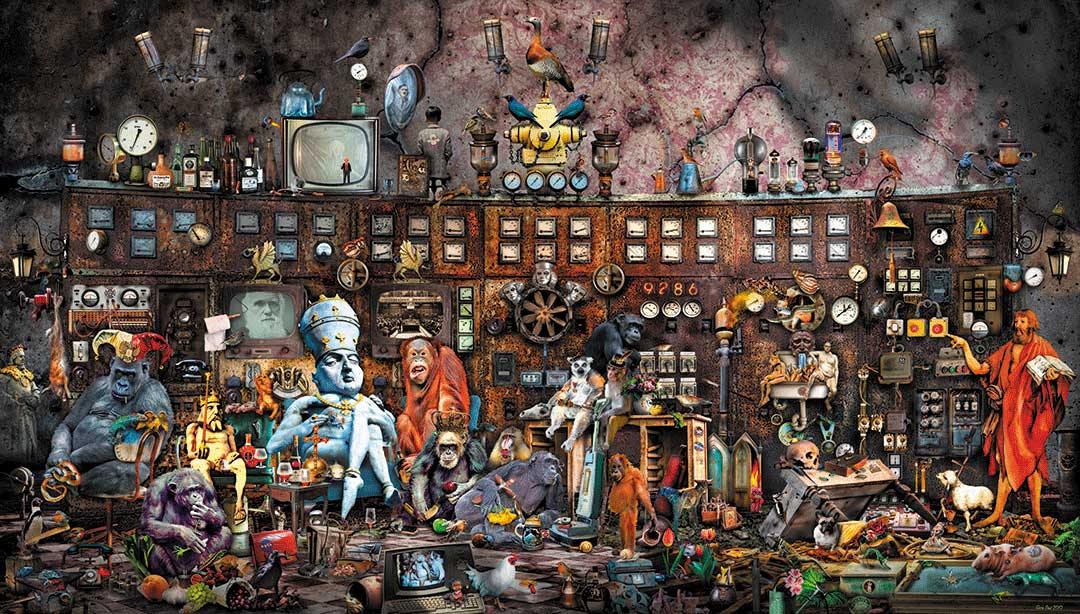 Viele verschiedene Figuren im stil eines Wimmelbildes vor einer großen Tafel mit vielen Schaltern, 225x128cm, Gero Paul, Kunst-DIrekt.de