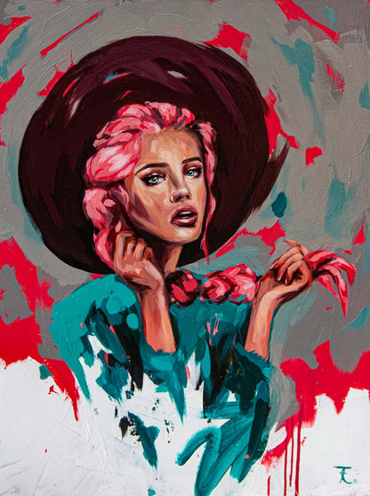 hochformat, Fineart Druck, portrait einer Frau mit hut und roten Haaren