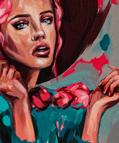 hochformat, Fineart Druck, portrait einer Frau mit hut und roten Haaren, details des Portraits