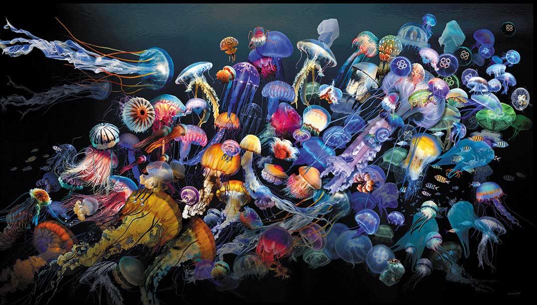 viele farbige quallen treiben im Wasser,  digitales Kunstwerk mit Plastikmüll, 220x125cm, Gero Paul, Kunst-Direkt.de