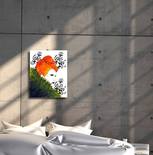 Tonicat la Miez - portrait einer Frau mit orangenen Haaren und grünem pelzkragen, an wand hängend