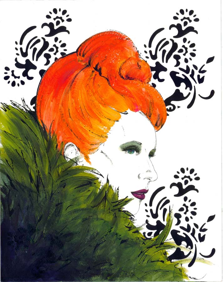 Tonicat la Miez - portrait einer Frau mit orangenen Haaren und grünem pelzkragen