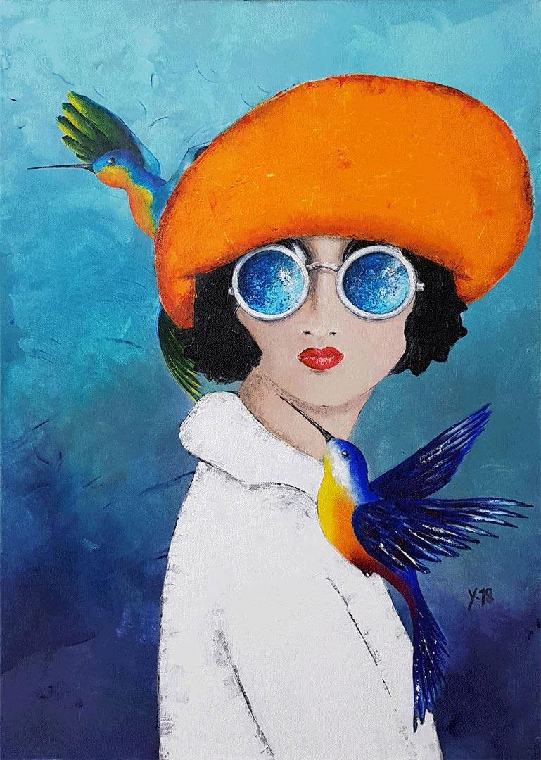 Gemälde Frau mit orangefarbenem Hut und kleinem Vogel