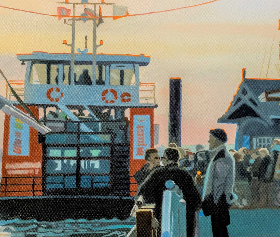 Finreart Print, eine hafenfähre an den Landungsbrücken in hamburg, Menschen die Ein- und Aussteigen, verschiede Audführunge, Ulla Kutter, Kunst-Direkt.de, details menschen