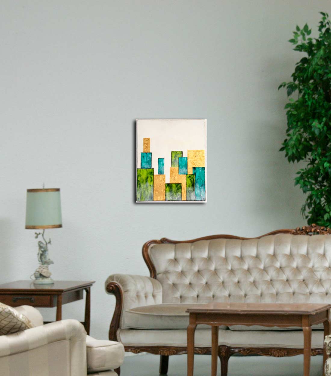 Common City 4 - Abstrakte Stadtansicht - acrylgemälde auf Leinwand, hochformat, an Wand hängend