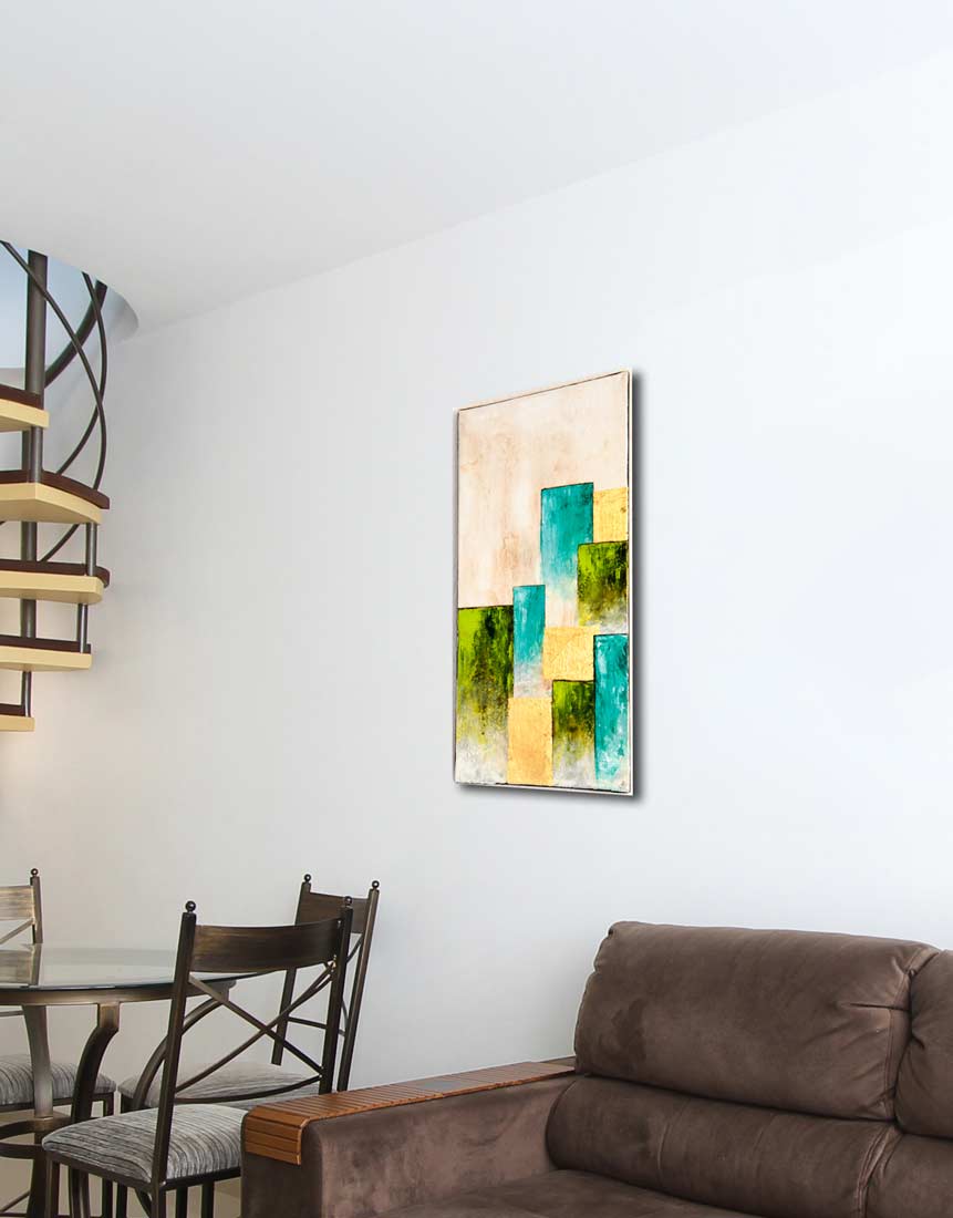 Common City A - Abstrakte Stadtansicht - Acrylgemälde auf Leinwand, hochformat, an Wand  hängend