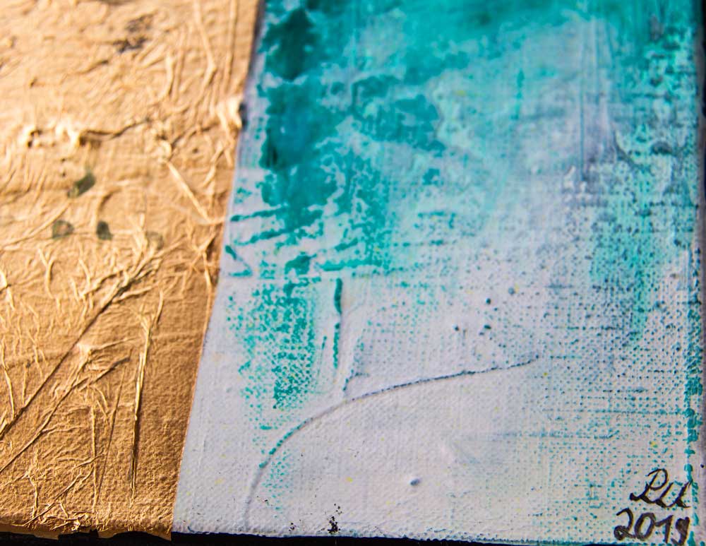 Common City II - Abstrakte Stadtansicht -Acrylgemälde auf Leinwand, hochformat, detailansicht signatur